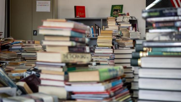 various large piles of library books on a table
