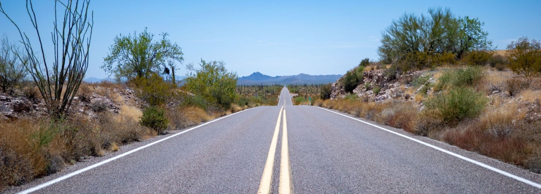 An empty highway stretches through a desert, marked by two white lines on the asphalt.