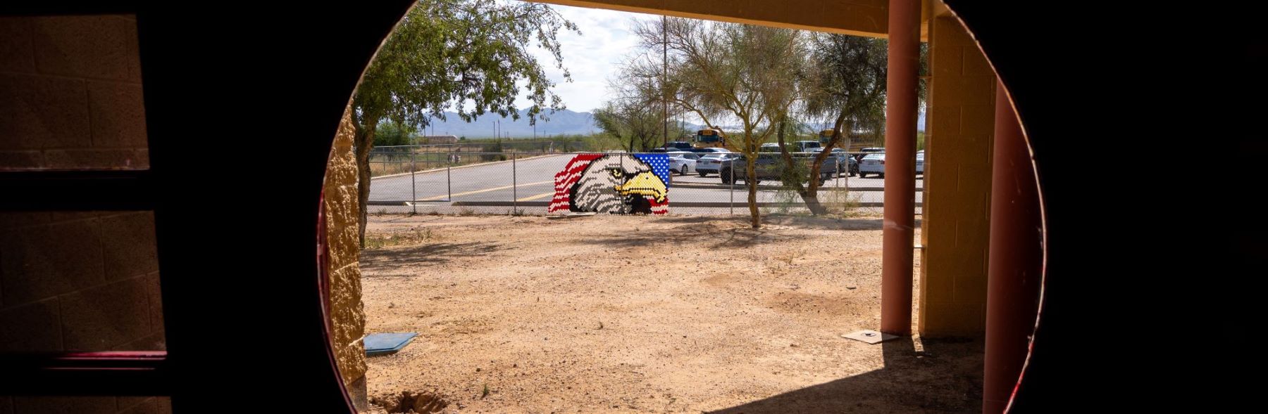 Eagle art on fence outside school.